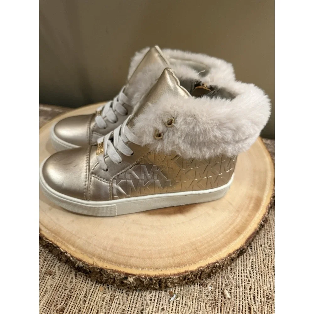 Michael Kors Poloma Fluff Sneaker Gold Boots Logo Monogram Fur Trim Girls‎ Sz-13